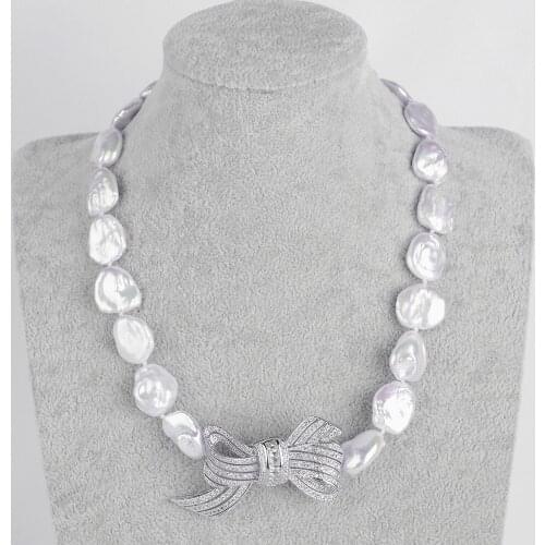 Womens 19" 16x22MM White Keshi Pearl CZ Pendant Necklace