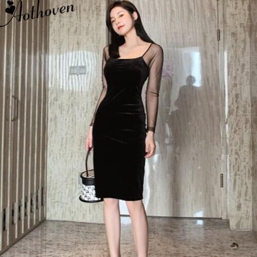 2020 Spring Bodycon Mesh Patchwork Pencil Dress Women Black Long Sleeve Square Collar Velvet Dress Office Elegant Party Dress