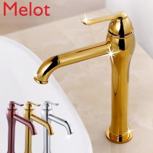 Gold single hole European basin hot and cold faucet antique and high rotary bathroom wash basin faucet