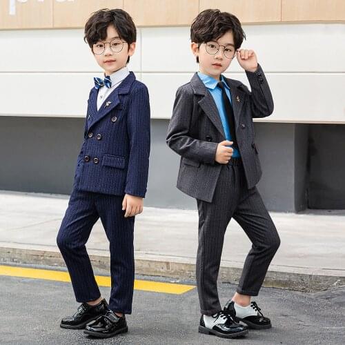 Autumn Winter New Kids Clothing Suits Korean Fashion Formal Sets For Boy Striped Blazer Pants Shirt Brooch Tie Baby 6 Pcs Set
