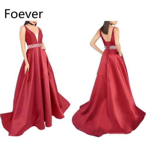 Elegant Red Evening Dresses A-Line Floor-length Long Formal Dress Sexy Deep V Neck Evening Gown Beads Sash Robe De Soiree