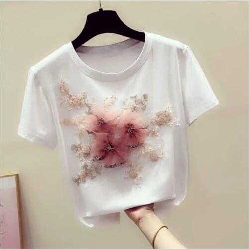 Appliques White Tees Womens 2021 Summer Short Sleeve 3D Flower Decoration O Neck Cotton T Shirts Female Korean Style Casual Tops