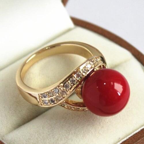 Lovely ladys 18KGP with crystal decorated &12mm red shell pearl ring(#7 8 9 10)
