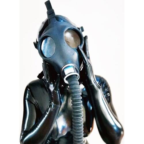 Cosplay Choking Headgear Fetish Gas Breathing Mask Breathing Tube And Canister Suit Latex novel Clothing full set Accessories