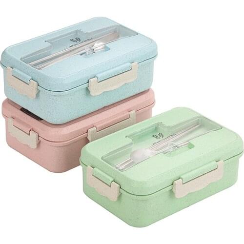 Lunch Bento Boxes 3-Compartments Leak-Proof Wheat Straw Microwave Portable for Student Kids Dinnerware Picnic Food Storage
