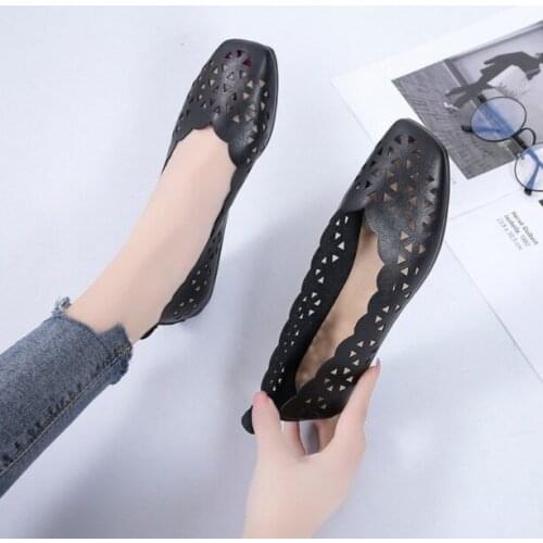 Korean women all match shallow single shoes summer square toe hollow hole loafers comfy flats soft shoes