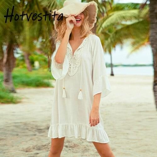 Hotvestita Beach Mini Dress Summer Cotton Loose Swim Suit Cover Up Lace Tassels Women Bikini Smock Half Sleeve Sunscreen Kaftan
