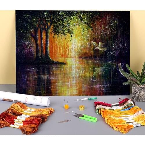 Natural Scenery Enchanted Printed Canvas 11CT Cross-Stitch Complete Kit DIY Embroidery DMC Threads Painting Gift