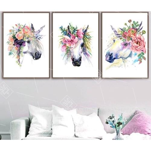 Nordic Posters And Prints Cartoon Watercolor Horse Flower Art Canvas Painting Animals Wall Picture For Living Room Bedroom Decor