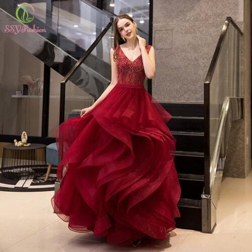 SSYFashion Banquet High-end Luxury Wine Red Evening Dress V-neck Crstal Beading Floor-length Formal Prom Gown Robe De Soiree