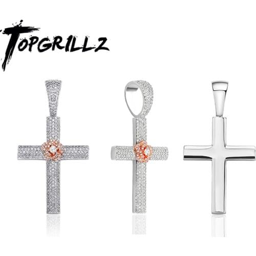 TOPGRILLZ Five Row Cross Pendant Necklace With Rose Flowers Iced Out Bling Cubic Zirconia Hip Hop Rock Party Jewelry