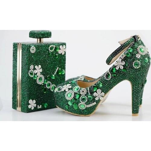Party Shoes With Matching Bags Green Crystal Round Toe Platform Shoes Women Wedding Shoes Bride Fashion High Heels Thin Heels