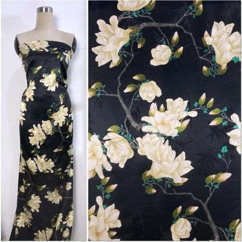 Heavy Satin Jacquard Silk Fabric Cheongsam Dress Printing Stretch Bamboo Shadow Magnolia