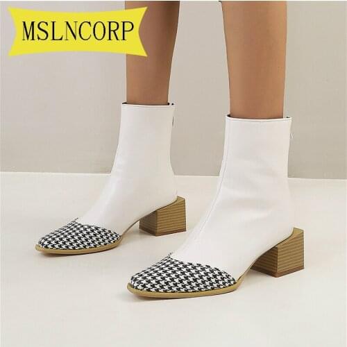 Plus Size 34-48 Vintage Style Faux Leather Women Boots High Heels Booties Soft Cowhide Womens Shoes Zip Ankle Boots Shoes Woman