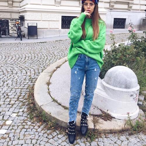 2020 Spring Street Style Pearls Denim Pants Women High Waist Holes Ripped Jeans for Woman