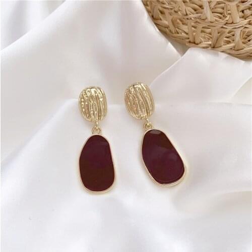 Statement Gold Color Metal Geometric Drop Earrings Winered Enamel Earrings for Women Fashion Simple Wedding Ear Jewelry Brincos