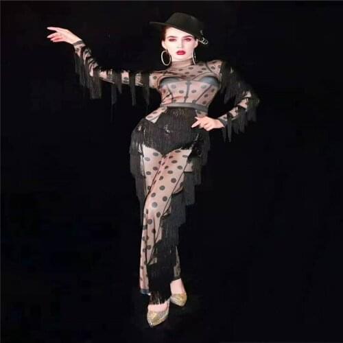 T78 Female long sleeve tassel black dot printing fringe jumpsuit wide leg outfit women singer flared rompers dance costumes bar