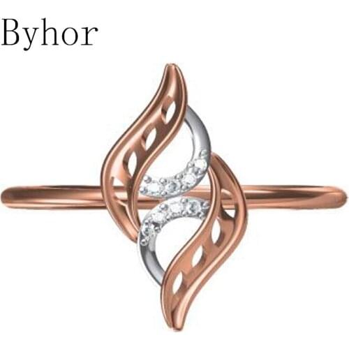 Byhor Solid 14K White+Rose Gold 0.032ct H/SI Natural Diamonds ring Women Leaf Fine Jewelry Trendy Wedding Band кольцo кольцa