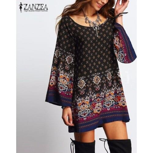 Women Dress 2016 ZANZEA Autumn Sexy Mini Vintage Print Mini Dress O Neck Long Sleeve Floral Casual Veatidos Plus Size S-5XL