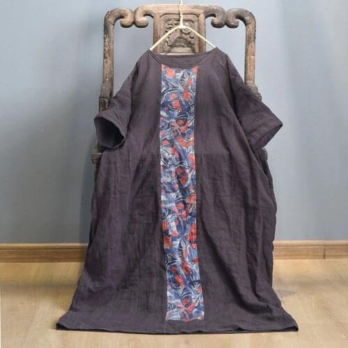 Women Loose Retro Patchwork Dress Ladies Spliced Linen Dress Feamle Vintage Plus Size Robe Dresses Flax 2020 Summer Dress