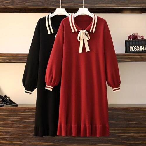EHQAXIN Womens Plus Size Knitted Dresses Autumn Winter Fashion Simple Bow Lace-Up With Ruffled Pullover Sweater Dress Lady M-4XL