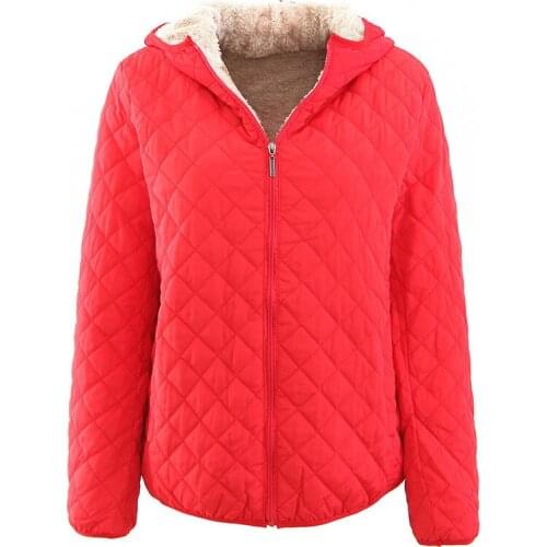 Winter Commuter Women Cotton Outwear Lady Red Coat Diamond Lattice Harajuku Keep Warm Lamb Velvet Female Hooded Cotton Coat