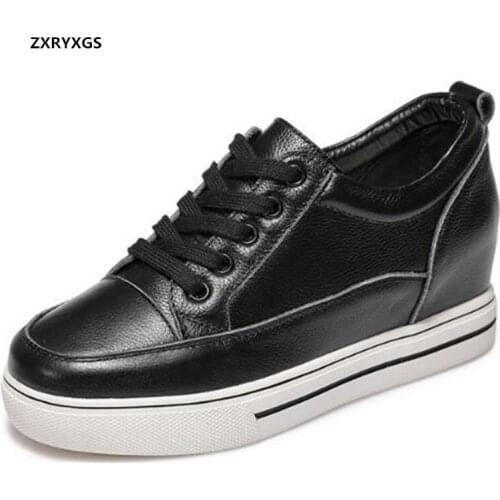 ZXRYXGS Top Cowhide Thick Bottom Increased Within High Heels 2020 New Lace-up Autumn Leather Shoes Woman Sneakers Casual Shoes