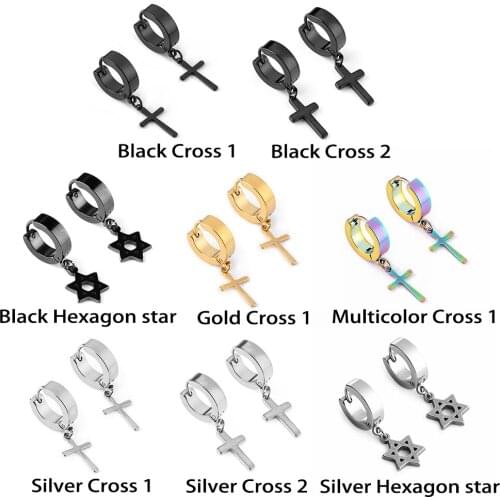 1Pair Women Gothic Stainless Steel Cross Stars Dangle Earrings Cross Ear Stud Hoop Huggies Earrings Pendant Piercing Jewelry
