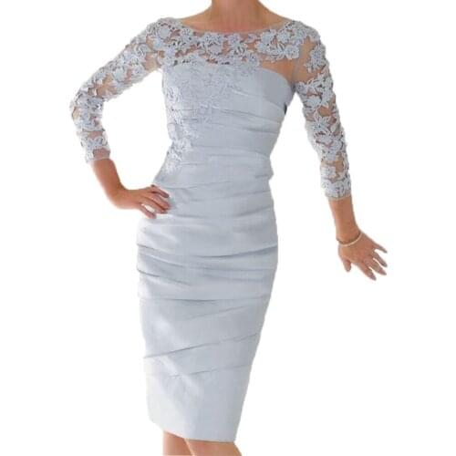 2020 silver short bride mothers dress 3/4 sleeve applique lace groom mother short wedding party dress