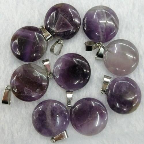 24pcs 20mm Round Flat Beads Natural Amethysts Stone Treat Charms Hexagonal Healing Reiki Point Pendants for Jewelry Making Free