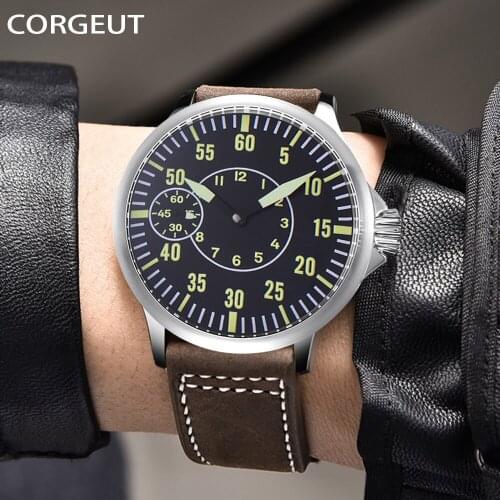 CORGEUT Mens Watches Top Brand Luxury Mechanical Watch Men Fashion Casual Leather Strap Clock Big Dial Sport Watch reloj hombre