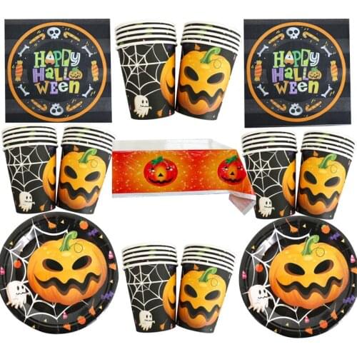 Halloween Theme Kids Favors Plates Happy Birthday Part Cups Glass Dishes Baby Shower Tablecloth Napkins Tableware Set 61pcs/lot