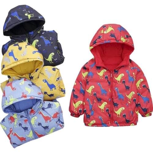 Children Double-Sided Down Jacket Boy Girl Hooded Cartoon Cotton Coat Baby Dinosaur Outerwear Kid Casual Soild Color Clothes