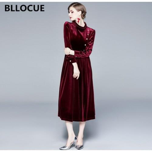 BLLOCUE Elegant Wine Red Velvet Dress 2019 Autumn Winter Women Stand Collar Long Sleeve Ladies Office Vintage Dress Vestidos