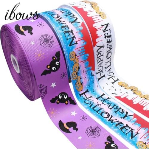 IBOWS 75mm 2yards Halloween Ribbons Thermal transfer Printed grosgrain Wedding Accessories Cartoon DIY Hairbow handmade material