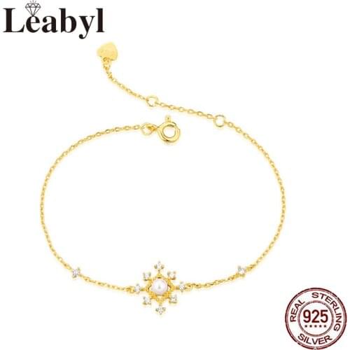 Leabyl New Arrivals Hollow Out Flower Pearl Gold Color Charm Bracelet for Women Anniversary Gift 100% 925 Silver Bracelet