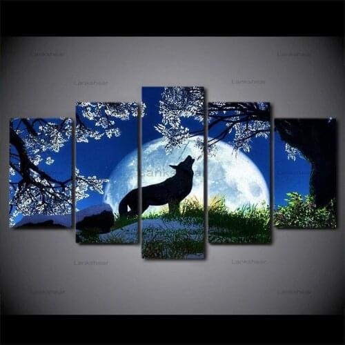 2021 New Howling Wolf Blue Moon Night E Home Decor Canvas Print 5 Pcs Hd Wall Art Modern Pictures Living Room Modular
