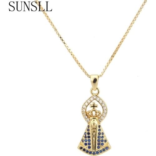 SUNSLL New Designed Hot Selling Golden Cooper Blue Cubic Zirconia Unique Trendy Pendant Necklace for Women Jewelry Gift Colar