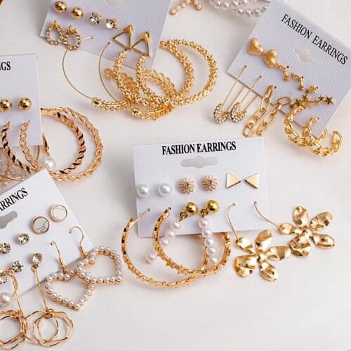 New Womens Earrings Set Vintage Pearl Earrings for Women Bohemian Gold Round Cross Butterfly Drop Earring 2021 Trendy Jewelry