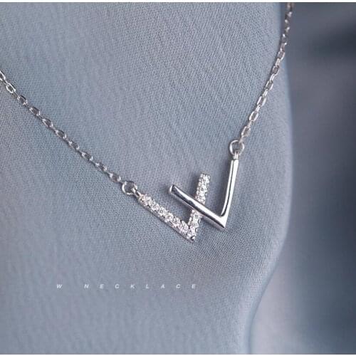New Trendy S925 Sterling Silver W Letter Necklace Fashion Women Jewelry Double V Pendant AAA Zircon Diamond Necklace