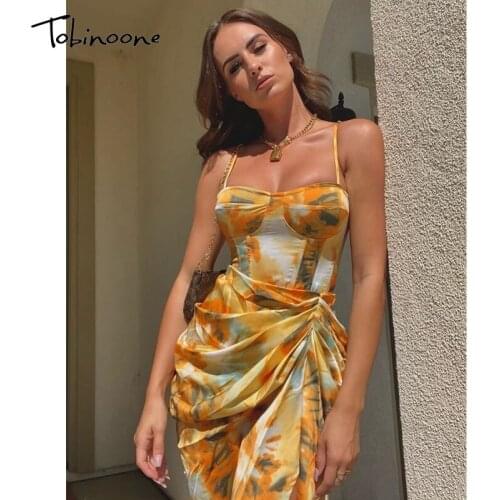 Tobinoone Floral Printing Slash Neck Pleated Satin Dress Women Ruched Spaghetti Strap Backless Sexy Dresses Elegant Split Dress