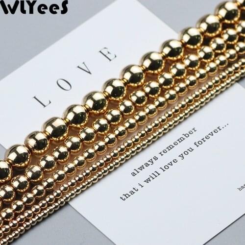 WLYeeS 14 Gold Hematite beads 2 3 4 5 6 8 10mm round Loose beads charm Natural Stone for Jewelry Bracelets Necklace Making DIY