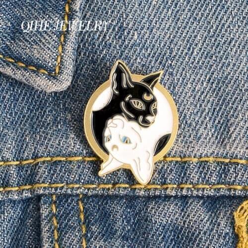 QIHE JEWELRY Magic Wizard black and white Twin Cat Enamel Pins Fashion Brooches Badges Wholesale Animal Pins Gifts for Friends