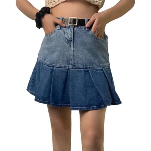 Women Fashion Pleated Denim Skirt, Elegant High Waist Color Block Heart Patchwork Mini A-Line Skirt, S/ M/ L/XL