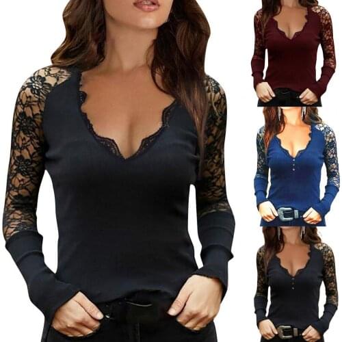 Women Long Sleeve T-Shirts Patchwork Design Lace Diamond Decor See Through V-Neck Solid Top Elegant Lady Autumn Slim Shirts