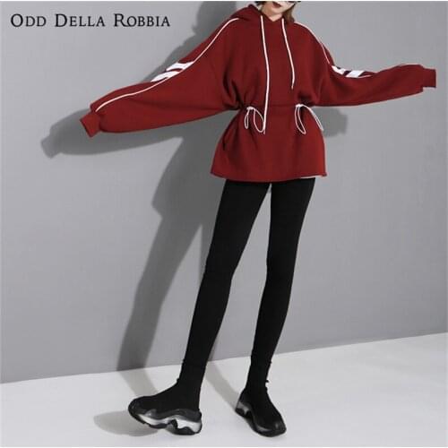 OddDellaRobbia Women Oversized Harajuku Striped Pullovers Waist Drawstring Fleece Sweater Mid Length Hooded Streetwear Tops 535