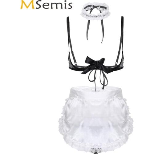 Women Sexy Cosplay Lingerie Set Naughty French Maid Uniform Roleplay Housemaid Costume Lace Trim Nightwear with Apron Neck Strap
