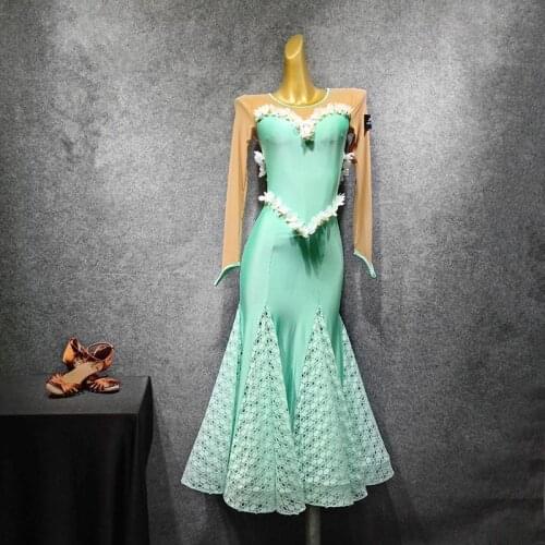 Women Smooth Dress Long Green Lace Splicing Sexy Dance Wear Latin Ballroom Dress Women Foxtrot Dance Dress Waltz Dance Costume