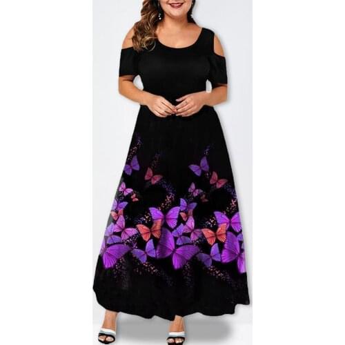 Evening Party Dress Purple Butterflies Print Off Shouder Women Short Sleeve Large Hem Formal Dress for Wedding Plus Size 6XL