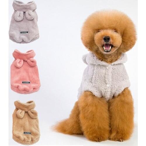 Winter and Fall Dog Warm Fleece Sweater Outdoor Puppy Apparel Bear Ears Solid Hooded Padded Cat Clothes for Small Medium Dogs